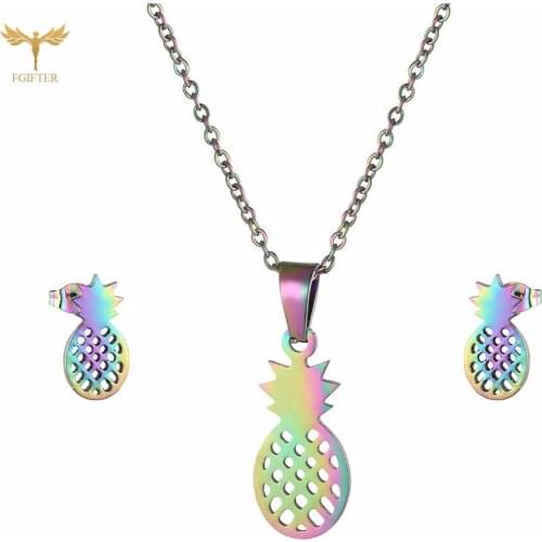Colorful Stainless Steel Pineapple Pendant Necklace Earring Set Womens Jewelry Fashion Aesthetic Accessories Anniversary Gift