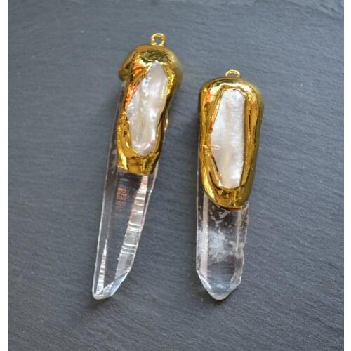 New polished clear quartz crystal terminated point pendant with pearl Electroplated gold edge