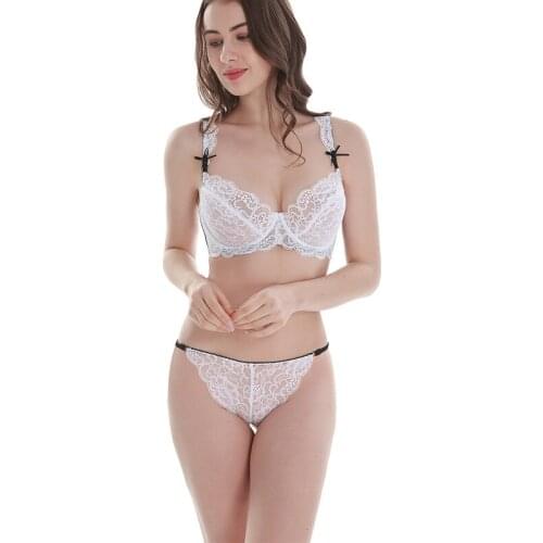 New Sexy Ultra-Thin Transparent Bra Sets ABCDE Cup Underwear For Womens Push Up Brassiere Thong Unlined Lace Floral Lingerie