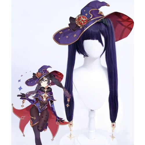 Wig Mona Cosplay Genshin Impact Double Ponytail Synthetic Hair with Bangs Purple Hair Color Wig for Woman Hair Extensions MUMUPI