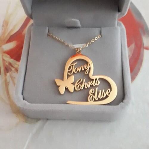 Personalized Trendy Butterfly Heart Pendants Custom Names Necklaces Women Gold Hearts Choker Jewelry on the neck Accessaries