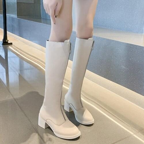 Lucyever Front Zipper Knee-high Boots Women Square Heels Comfortable Loose Long Boots Woman Autumn Black White High Heel Botas