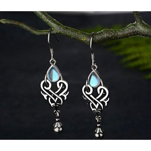 Antique Silver Plated Geometry Moonstone Dangle Drop Earrings For Women Vintage Boho Blue Opal Earrings Zircon Wedding Jewelry