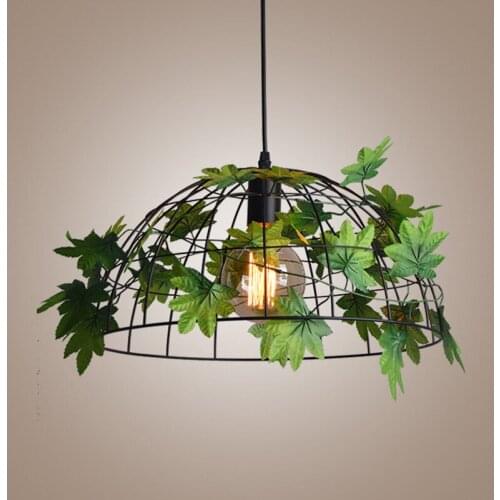 Nordic indoor lighting vintage pendant light,dia 38cm iron net lampshade green plant deco industrial hanging lamp for restaurant