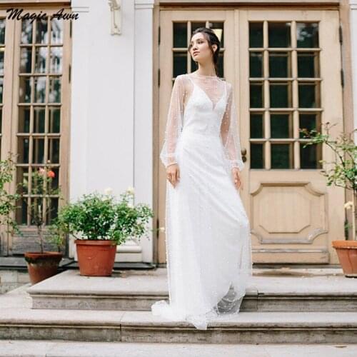 Magic Awn Bohemian Long Sleeves Wedding Dresses Pearls Beaded Backless Beach A-Line Bridal Gowns Customized Robe De Mariee
