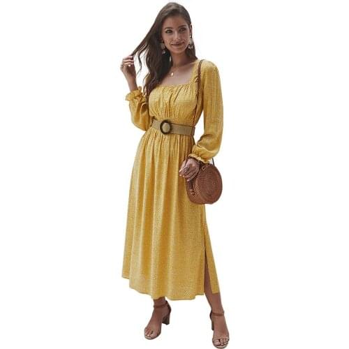 Women Vintage Floral Midi Dress Long Sleeve Square Neck Print Dress For Woman Spring Autumn Fashion Loose A-line Long Dresses
