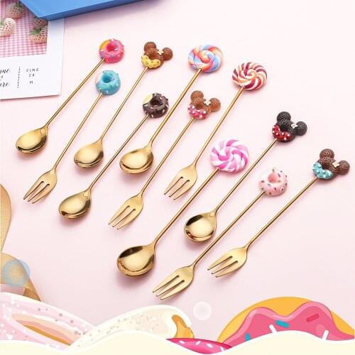 1pcs Disney Mickey Mouse Stainless Steel Doughnut Fork Spoon Ice cream coffee stirring spoon Dinner Teaspoon Kitchen Supplies
