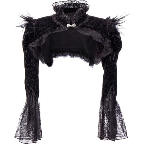 Black Steampunk Coat Gothic Wholesale Bolero With Long Lace Sleeves Fashion Floral Shrug With Cotton Lining Feather Wraps Price