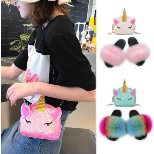 Childrens Fox Fur Slippers Kids Furry Slides Baby House Shoes Girls Fluffy Sandals Non-Slip Flip Flops Cute Shoulder Bags Sets
