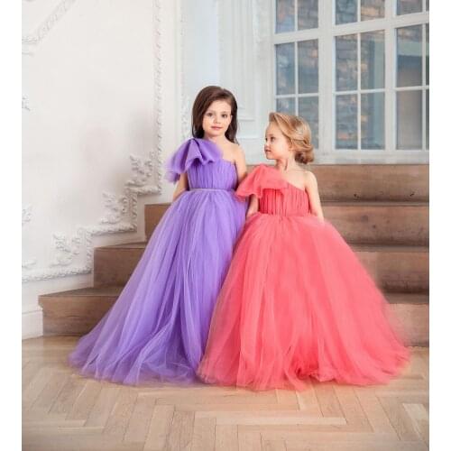 Baby Girl Birthday Dress One-shoulder Long Dress Bow Tulle Flower Girl Dress Childrens Christmas Gown Photography Props