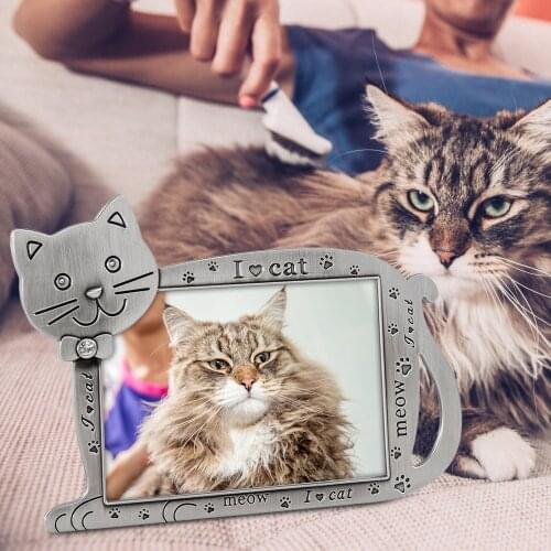 LASODY Zinc Alloy Sentiments Cat Picture Frame 5x3.5 Photo Gift for Pet Cat Kitten Display on Tabletop Silver Creative Crafts