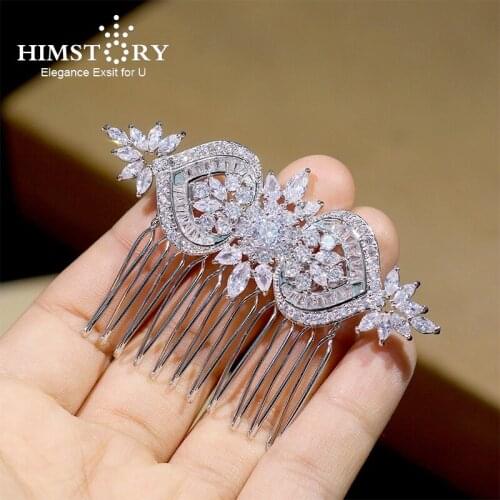 Himstory Fashion Sparkling Bridal Zircon Cubic Hair Comb White Wedding Headpiece Hairpins Women Prom Hair Accessories