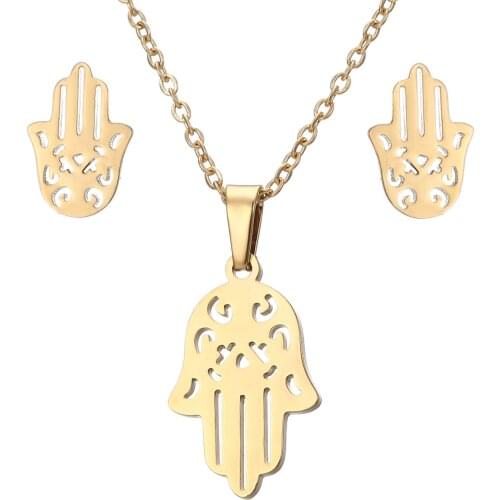 Fatima Hamsa Hand Pendant Necklaces Earrings stainless steel For Women Trendy Wedding Jewelry Set