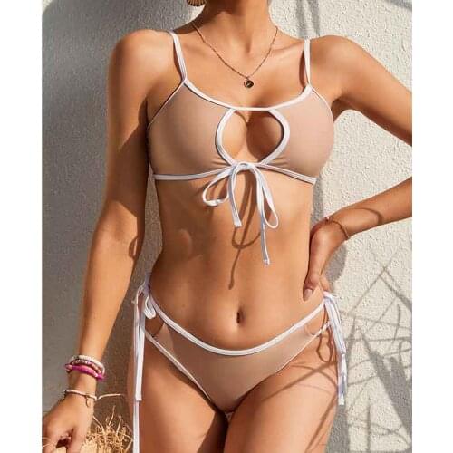 Mossha Sport hollow out swimsuit women Patchwork bandeau swimwear String high cut bikini set Bathing suit Sexy swimming Biquini