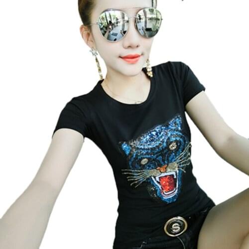 Summer Tees Cotton Tops Woman T-shirt Animal Sequined Tee Shirt Kawaii Short Sleeve Tshirt Women Clothes New 2021Black White