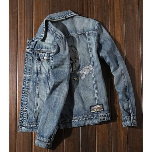 Mens fashion light blue embroidered denim jacket mens spring and autumn trend casual versatile jacket jacket