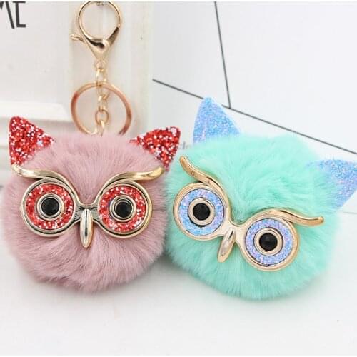 New Cute Fluffy Rabbit Fur Owl Pom Pom Ball Keychain Keyring Car Key Ring Chain Charm Women Bag Pendant Decorative