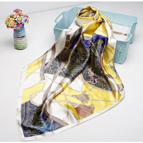 Luxury Brand Shawl Yellow Tassel Print Hijab Scarf For Women Silk Satin Scarfs Female 90cm*90cm Square Shawls Scarves For Ladies