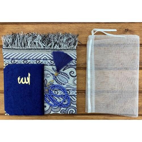 Dark Blue Prayer rug set muslim prayer carpet portable simply print in the pouch with compass travel mat Yasin Sharif rosary