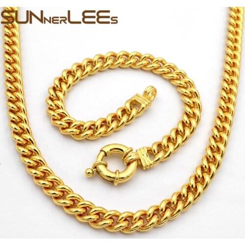 SUNNERLEES Fashion Jewelry Rose Gold Color Necklace Bracelet Set 9mm Smooth Curb Cuban Chain For Mens Womens Gift C39 S