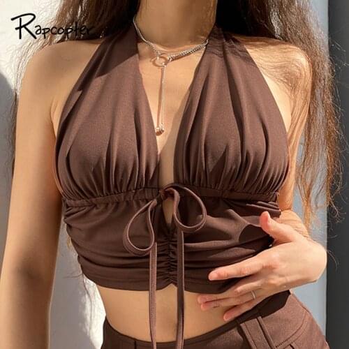 Rapcopter Y2K Brown Camis Ruched Tie Up Crop Top Y2K Harajuku Tank Top Backless Halter Cute Tee Top Women Party Beach Sweat New