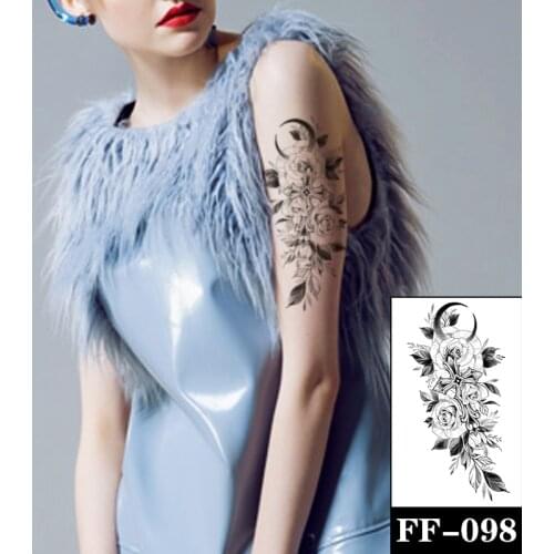 Temporary Tattoo Sticker Cross Moon Flower Roses Peony Sketches Tattoo Designs Sexy Girls Model Tattoos Arm Leg Black Stickers