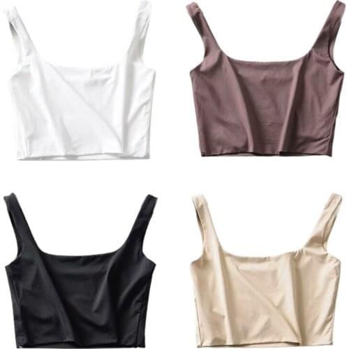 Women Summer Sleeveless Wide Strap Crop Tank Top Sexy Square Neck Double Layer Slim Vest Solid Color Basic Streetwear