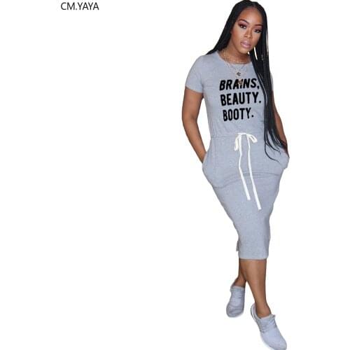 2020 Women Summer Brain Beauty Letter Print T-shirt Dress Short Sleeve Casual Street O-neck Sashes Tee Dresses Vestidos