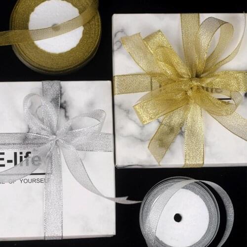 25Y 2cm Gold Silver Ribbon Glitter Metallic Taffeta Christmas Wedding Decor DIY Gift Wrap Packing Accessories