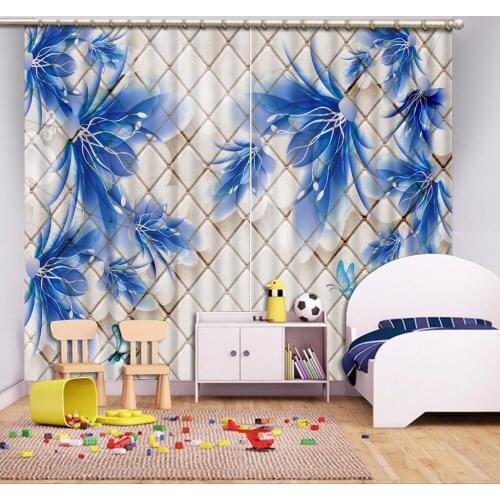 3d curtains Custom any size Checkered blue flowers photo print curtains fashion decor home decoration for bedroom