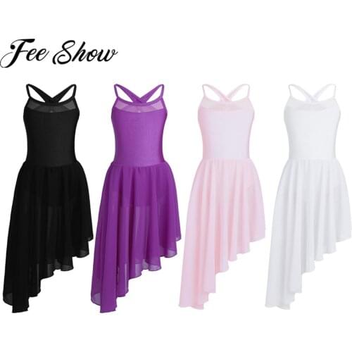 Girls Gymnastics Ballet Dress Kids Leotards Tutu Mesh Splice Cutout Back Asymmetrical Ballerina Contemporary Stage Dance Class