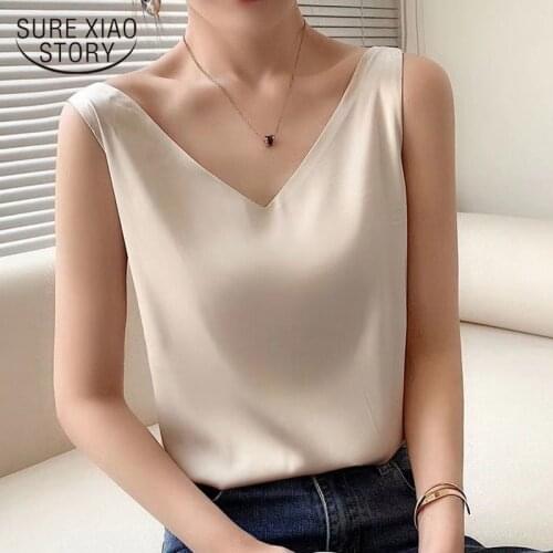 2021 New Beautiful Womens Blouses Summer V Neck Plus Size Women Blouses Satin Office Black Women Elegant Silk Shirts 15501