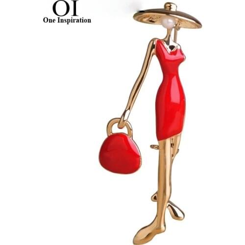 OI Modern Red Dress Accessories Figure Women Brooches Enamel Gold-color Broach Corsage Hijab Pins broche Mujer Jewelry