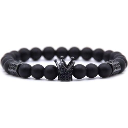 DOKOL Mens Bracelet Cubic Zirconia Crown Jewelry 2*4 CZ Stone Strand Bracelet Matte Onyx Black Lava Beaded Bracelets DKB0111