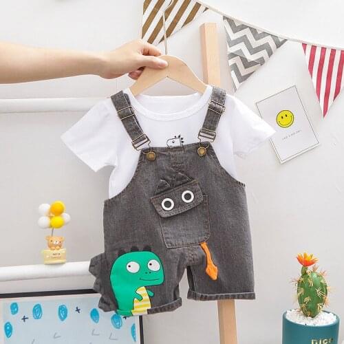 Denim Overalls Clothes Set for Baby Boys O-neck T-shirt Shorts 2 Pieces/Set New Short-sleeved Infant Children Kids Clothing