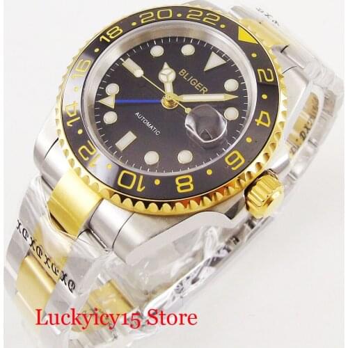 Classic BLIGER Mens Watch Automatic Movement Gold Plated GMT Function 40mm Silver Color Case Sapphire Glass Wristwatch