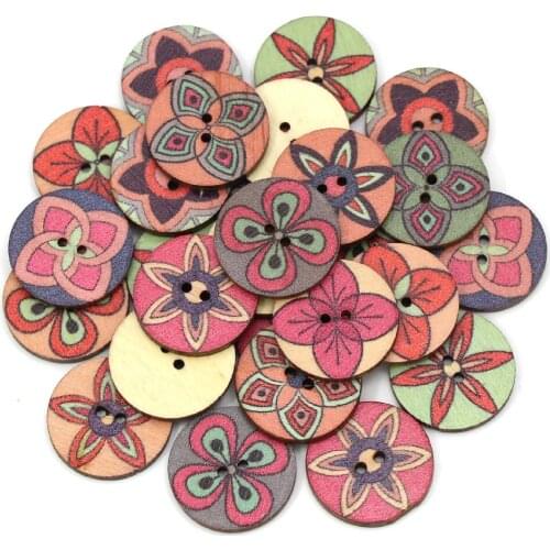 50Pcs Retro Round Wooden Buttons Flower Painted Sewing Button Scrapbooking DIY Crafts Handwork 2 Holes Buttons For Clothes