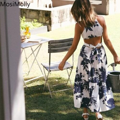 MosiMolly 2021 Print Dress Women Summer Backless Bow Dress Boho Beach Midi Dress Female Vestidos