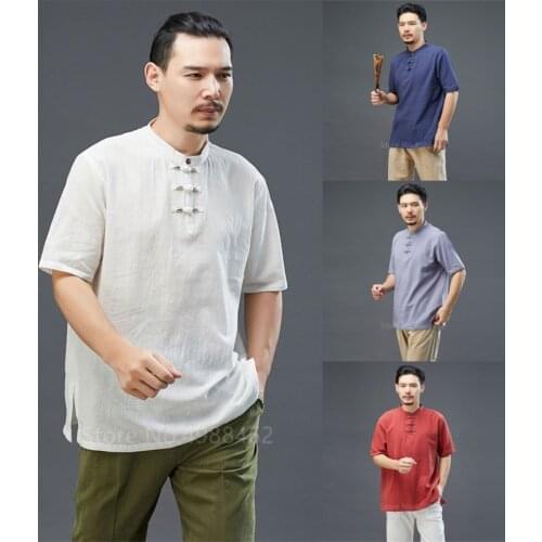 Men Shirt Short Sleeve Chinese Style Cotton Linen Loose Plus Size Casual Male Fashion Retro Vintage Solid Color XL Summer Autume