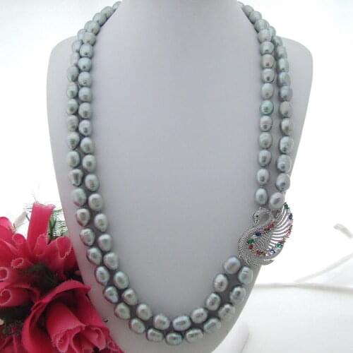 Charming 2 strands 11-12mm gray rice freshwater pearl necklace micro inlay zircon swan buckle flower accessories long 76-81 cm