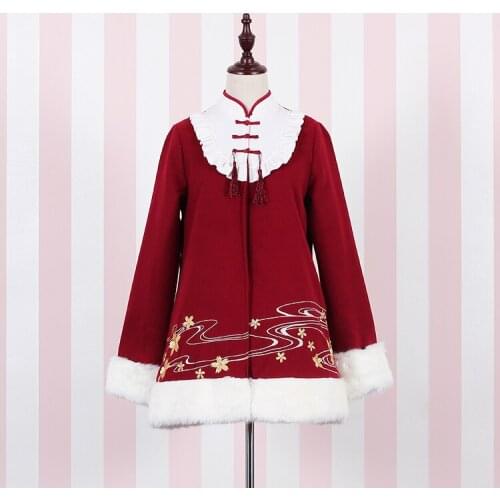 Super Cute Chinese Style Winter Thick Sakura Embroidery Fluffy Fur Coat Long Red Festival Feel Outwear Parkas Bow