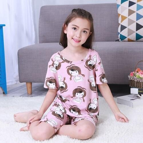 Pink Big Girls Clothing Sleeping Pajamas Set Short Sleeve Cotton Home Suit For Boys Cute Cartoon Underwear age 2 to 14 Y Wear