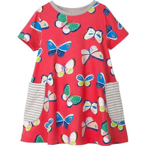 Girls O-neck Short Sleeve Casual Fashion Colorful Butterfly and Horses Summer A-line Dresses 100% Cotton Streetwear Top Dresses