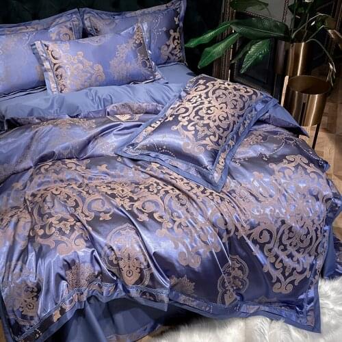 Luxury Blue Gold Gray Silky Soft Bedding Set Satin Jacquard Cotton Queen King Duvet Cover Bed Sheet Pillowcases Home Textiles