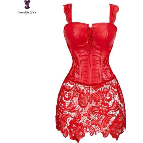 Sexy Red Corset Dress Plus Size 6XL Bustier Dresses Overbust Corsets Bustier Steampunk Gorset Faux Leather Corselet Lace Korsett