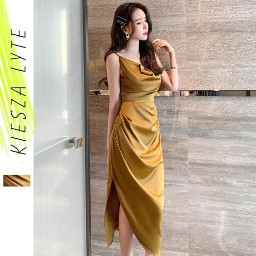 Sexy Dresses Summer 2021 Vintage Sleeveless Midi Backless Slit Ladys Acetate Satin Party Beach Midi Dresses