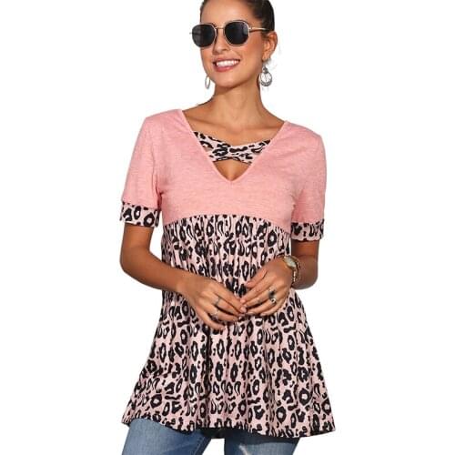 Oversized T-shirt For Women Summer Short Sleeve Leopard Print Patchwork V-neck Fashion Loose Ladies Streetwear Tee Shirt Tops