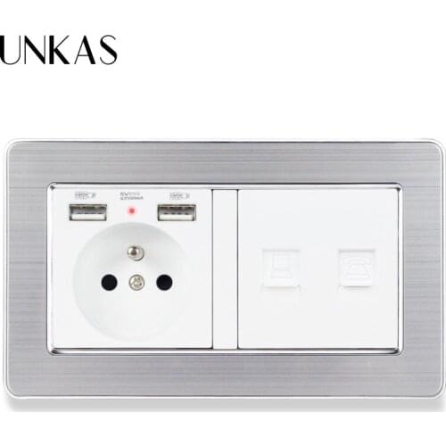 UNKAS Stainless Steel Panel French Socket With Dual USB Charge Port + 2 Core RJ45 Internet Computer And RJ11 Telephone Connector
