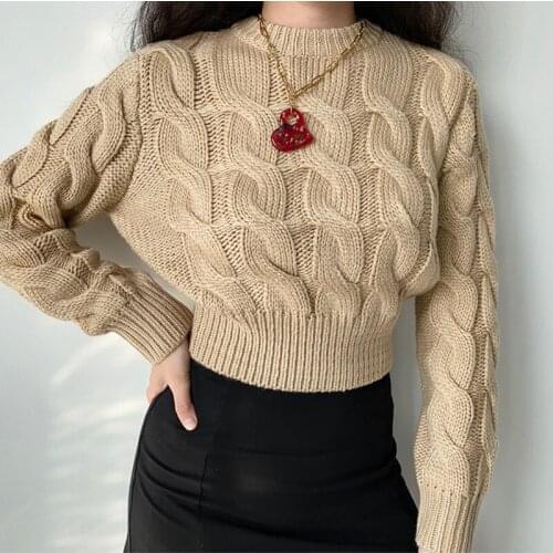 WOMENGAGA 2021 Winter Solid Color Twist Knitted Sweater For Women Korean Casual Crew Neck Loose Long Sleeve Tops R20O