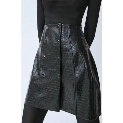 2020 New Fashion Women A-Line Faux Leather PU Mini Crocodile Pattern Skirts Office Lady High Waist Double Buttons Black Brown